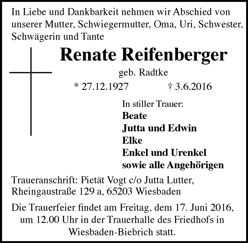  Traueranzeige für Renate Reifenberger vom 11.06.2016 aus  Wiesbaden komplett