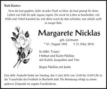 Traueranzeige von Margarete Nicklas von Trauerportal Echo Online