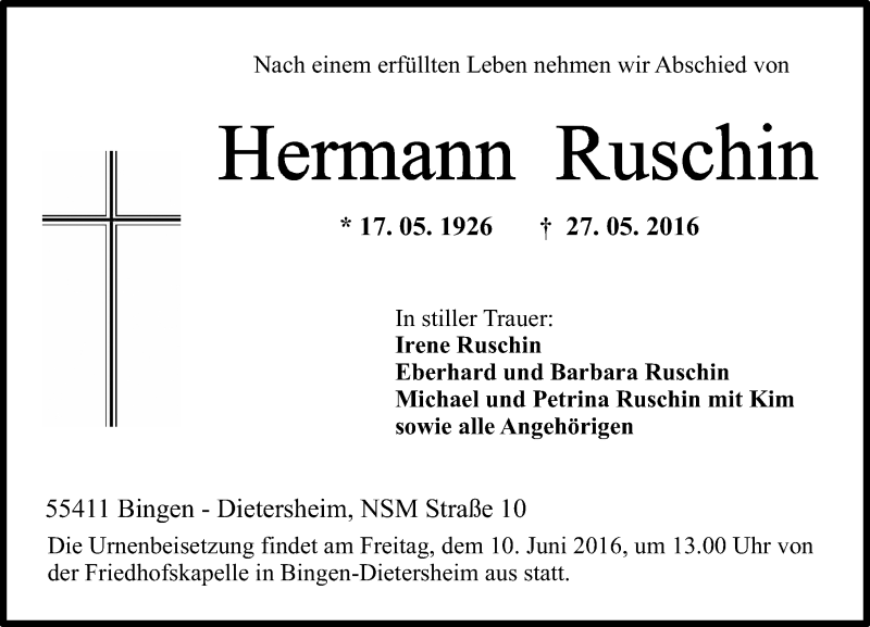  Traueranzeige für Hermann Ruschin vom 04.06.2016 aus  Allgemeine  Zeitung Ingelheim-Bingen