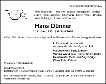 Traueranzeige von Hans Dünner von  Wiesbaden komplett