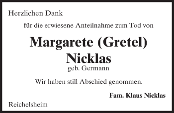 Traueranzeige von Margarete Nicklas von Trauerportal Echo Online