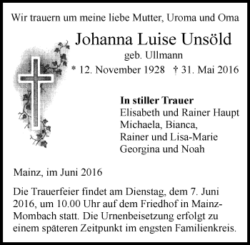 Traueranzeige von Johanna Luise Unsöld von  Allgemeine Zeitung Mainz
