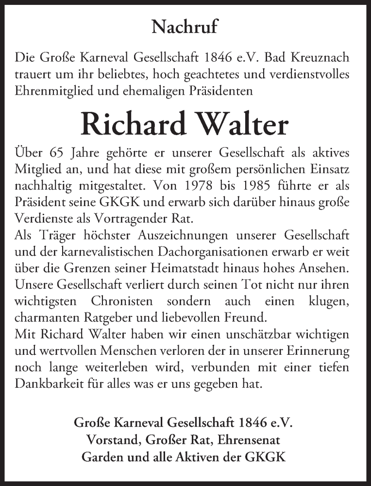  Traueranzeige für Richard Walter vom 02.06.2016 aus  Allg. Zeitung Bad Kreuznach