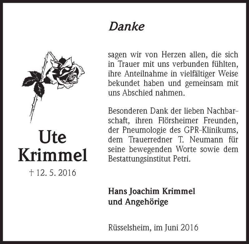 Traueranzeige für Ute Krimmel vom 04.06.2016 aus  Mainspitze