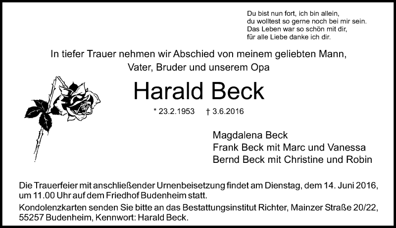  Traueranzeige für Harald Beck vom 11.06.2016 aus  Allgemeine Zeitung Mainz