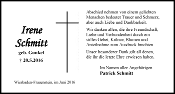 Traueranzeige von Irene Schmitt von  Wiesbaden komplett