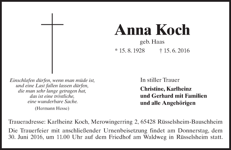  Traueranzeige für Anna Koch vom 18.06.2016 aus Trauerportal Rhein Main Presse