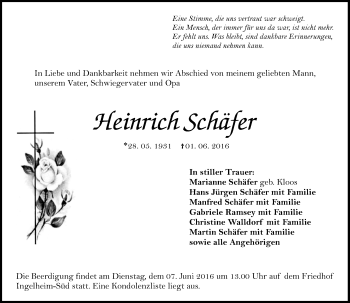 Traueranzeige von Heinrich Schäfer von  Allgemeine  Zeitung Ingelheim-Bingen
