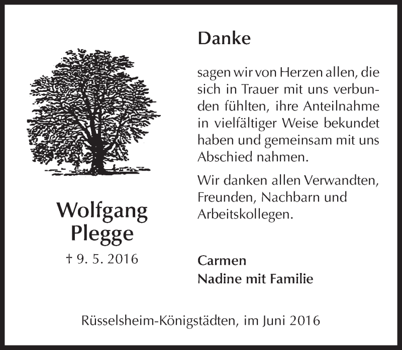  Traueranzeige für Wolfgang Plegge vom 01.06.2016 aus  Mainspitze