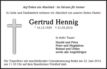 Traueranzeige von Gertrud Hennig von Trauerportal Rhein Main Presse