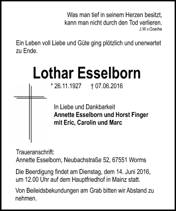 Traueranzeige von Lothar Esselborn von  Allgemeine Zeitung Mainz