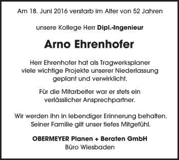 Traueranzeige von Arno Ehrenhofer von Trauerportal Rhein Main Presse