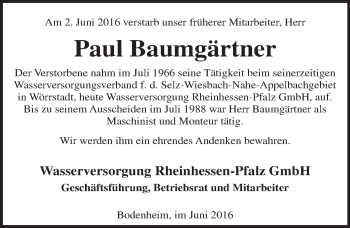 Traueranzeige von Paul Baumgärtner von  Allgemeine  Zeitung Ingelheim-Bingen