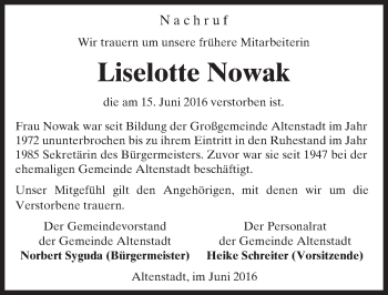 Traueranzeige von Liselotte Nowak von  Kreisanzeiger