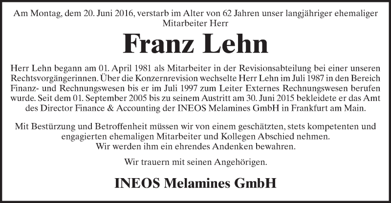  Traueranzeige für Franz Lehn vom 25.06.2016 aus Trauerportal Rhein Main Presse