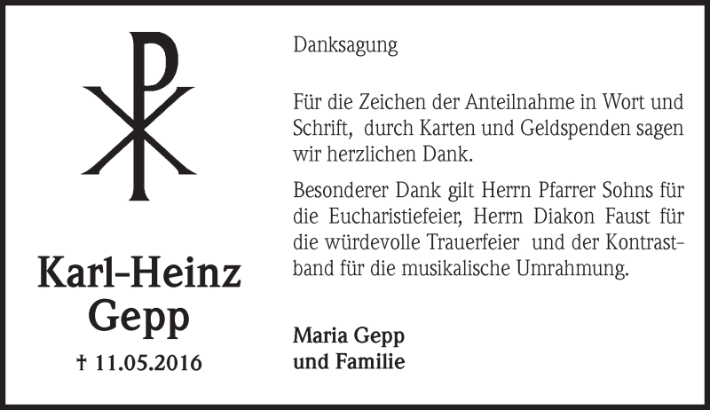  Traueranzeige für Karl-Heinz Gepp vom 11.06.2016 aus  Allgemeine  Zeitung Ingelheim-Bingen