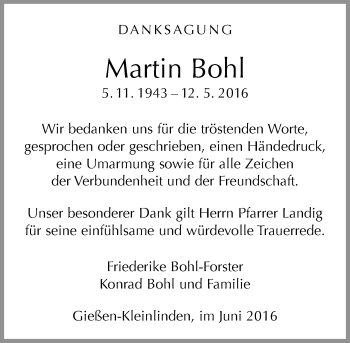 Traueranzeige von Martin Bohl von  Gießener Anzeiger