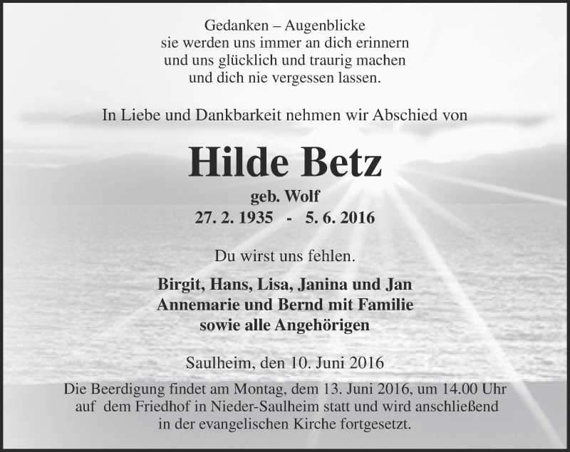  Traueranzeige für Hilde Betz vom 10.06.2016 aus  Allgemeine Zeitung Alzey