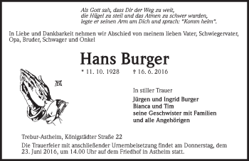 Traueranzeige von Hans Burger von Trauerportal Rhein Main Presse