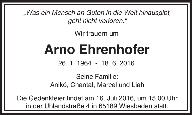  Traueranzeige für Arno Ehrenhofer vom 30.06.2016 aus  Camberger Anzeiger
