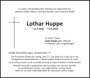Traueranzeige von Lothar Huppe von  Wiesbaden komplett