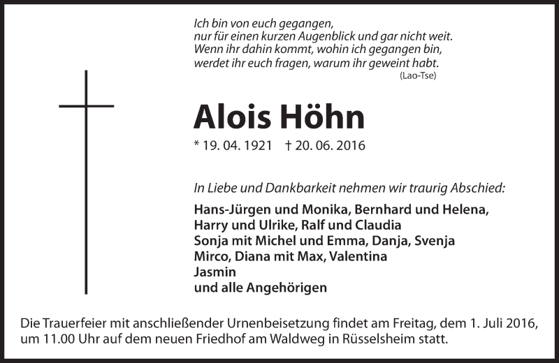  Traueranzeige für Alois Höhn vom 25.06.2016 aus Trauerportal Rhein Main Presse