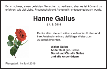 Traueranzeige von Hanne Gallus von Trauerportal Echo Online
