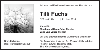 Traueranzeige von Tilli Fuchs von Trauerportal Echo Online
