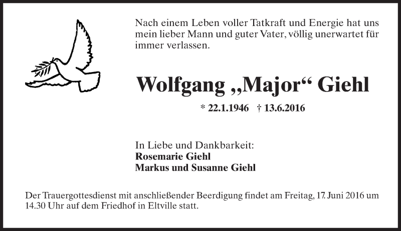  Traueranzeige für Wolfgang Giehl vom 16.06.2016 aus Trauerportal Rhein Main Presse
