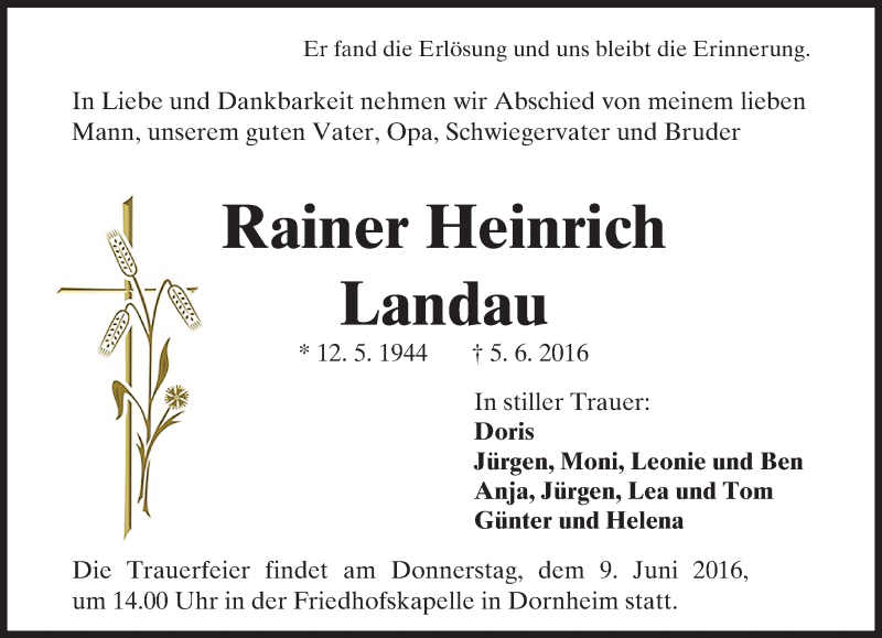  Traueranzeige für Rainer Heinrich Landau vom 08.06.2016 aus Trauerportal Echo Online