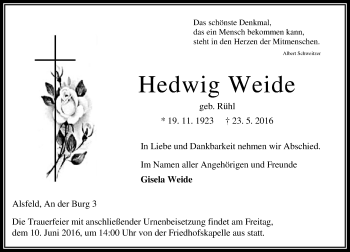 Traueranzeige von Hedwig Weide von VRM Trauer