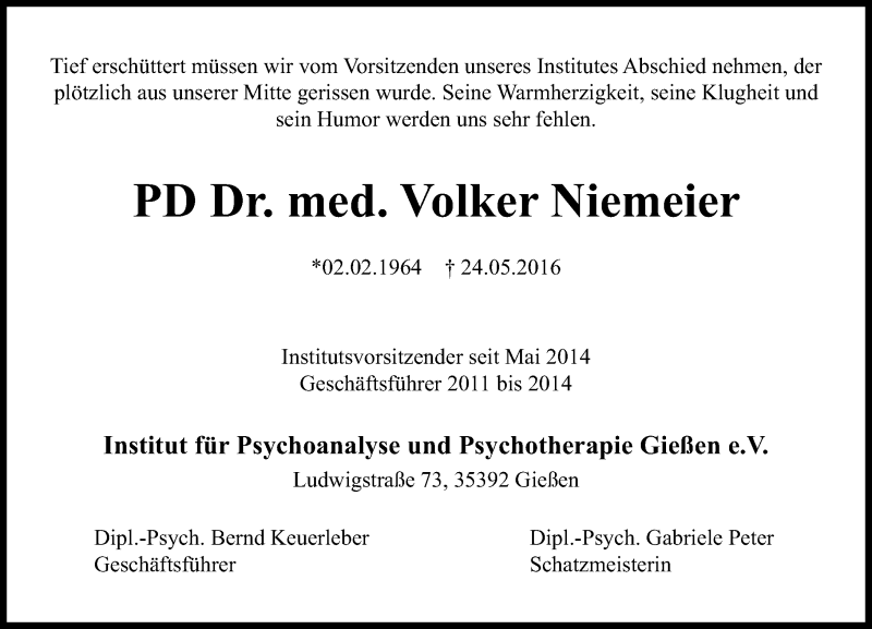  Traueranzeige für Volker Niemeier vom 04.06.2016 aus  Gießener Anzeiger