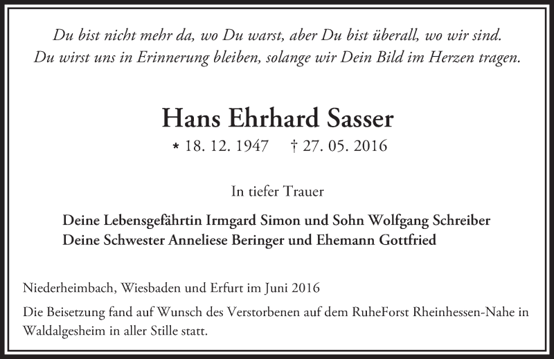  Traueranzeige für Hans Ehrhard Sasser vom 11.06.2016 aus  Allgemeine  Zeitung Ingelheim-Bingen