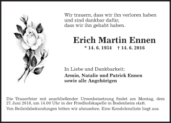 Traueranzeige von Erich Martin Ennen von Trauerportal Rhein Main Presse