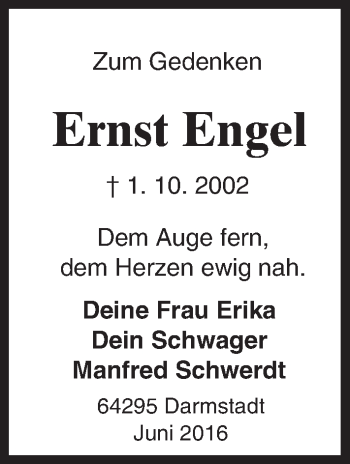 Traueranzeige von Ernst Engel von Trauerportal Echo Online