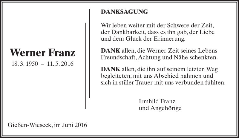  Traueranzeige für Werner Franz vom 04.06.2016 aus  Gießener Anzeiger