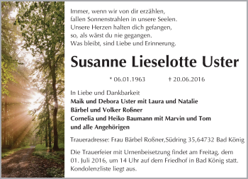 Traueranzeige von Susanne Uster von Trauerportal Echo Online