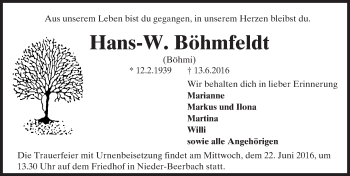 Traueranzeige von Hans-W. Böhmfeldt von Trauerportal Echo Online