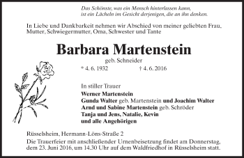 Traueranzeige von Barbara Martenstein von  Mainspitze