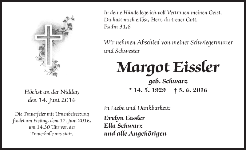  Traueranzeige für Margot Eissler vom 14.06.2016 aus  Kreisanzeiger