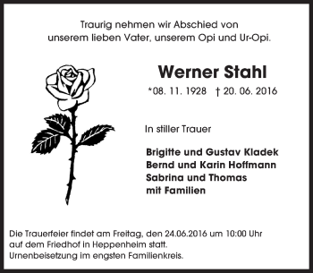 Traueranzeige von Werner Stahl von Trauerportal Echo Online