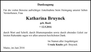 Traueranzeige von Katharina Bruynck von  Allgemeine  Zeitung Ingelheim-Bingen