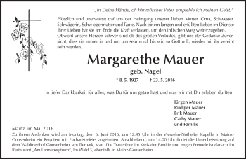 Traueranzeige von Margarethe Mauer von  Allgemeine Zeitung Mainz
