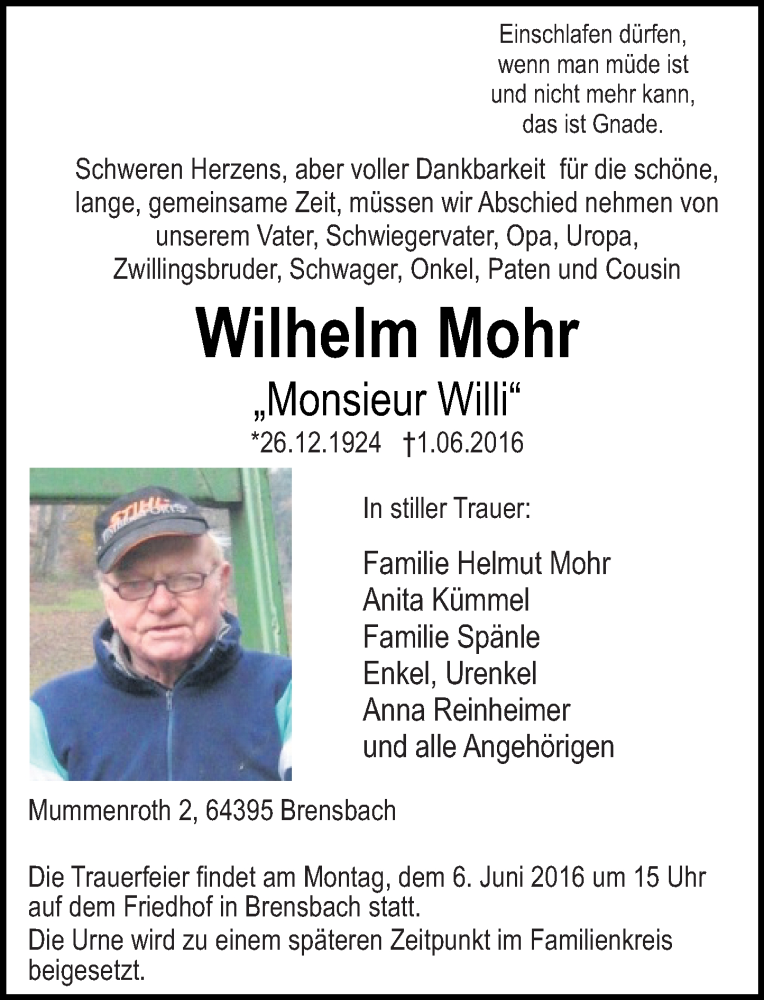  Traueranzeige für Wilhelm Mohr vom 03.06.2016 aus Trauerportal Echo Online