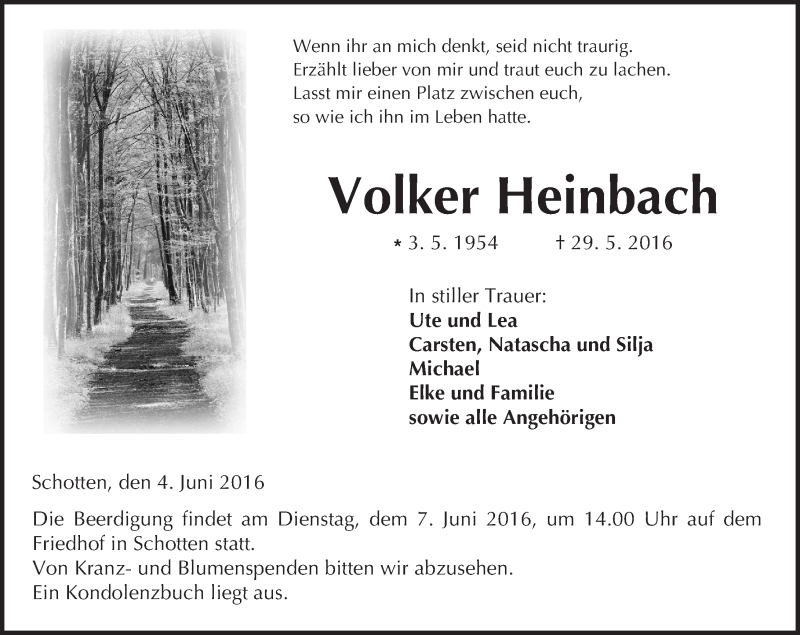  Traueranzeige für Volker Heinbach vom 04.06.2016 aus  Kreisanzeiger