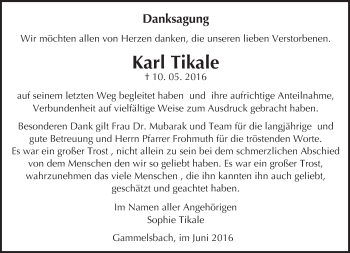 Traueranzeige von Karl Tikale von Trauerportal Echo Online