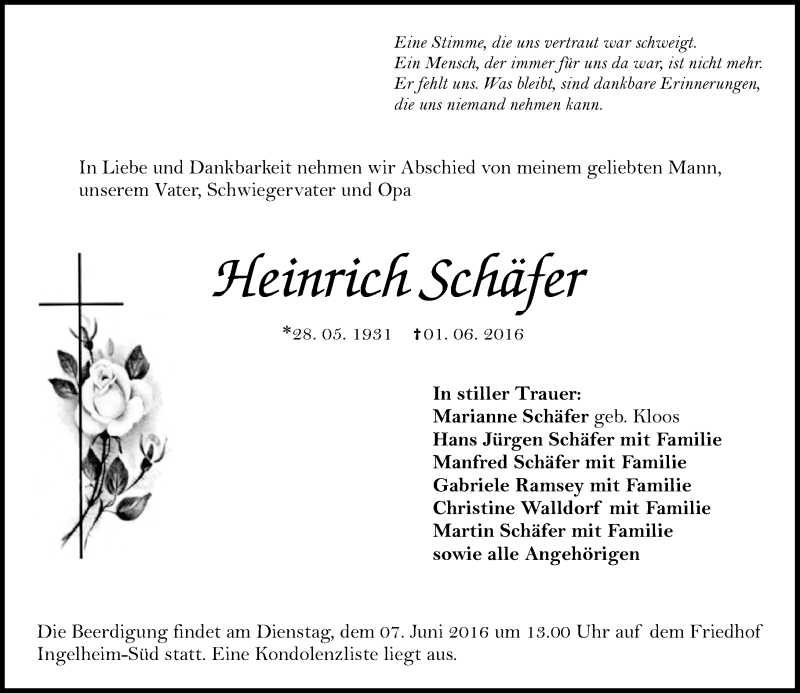  Traueranzeige für Heinrich Schäfer vom 04.06.2016 aus  Allgemeine  Zeitung Ingelheim-Bingen