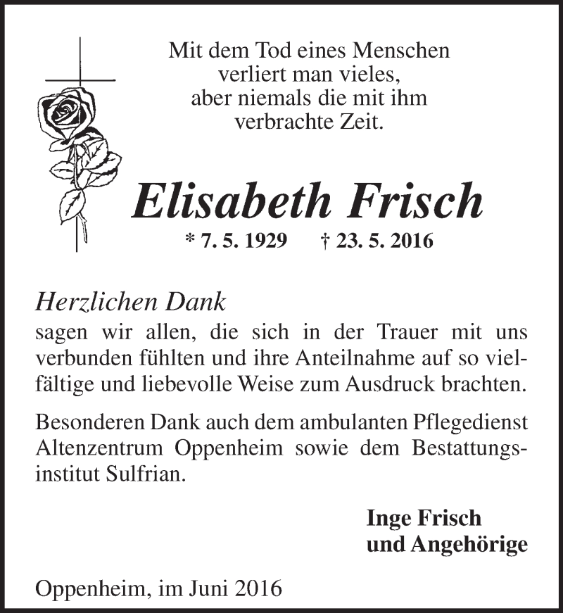  Traueranzeige für Elisabeth Frisch vom 18.06.2016 aus Trauerportal Rhein Main Presse
