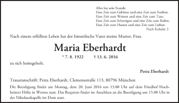 Traueranzeige von Maria Eberhardt von Trauerportal Rhein Main Presse