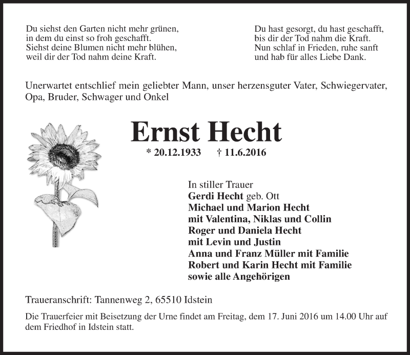  Traueranzeige für Ernst Hecht vom 14.06.2016 aus Trauerportal Rhein Main Presse